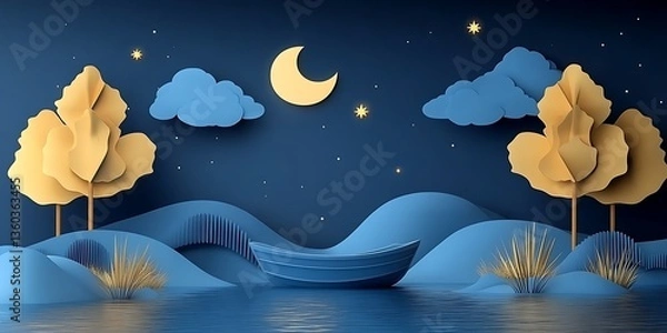 Obraz Night lake with paper boat, and moon.