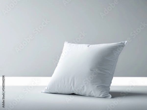 Fototapeta A clean white square pillow resting on a simple gray surface.