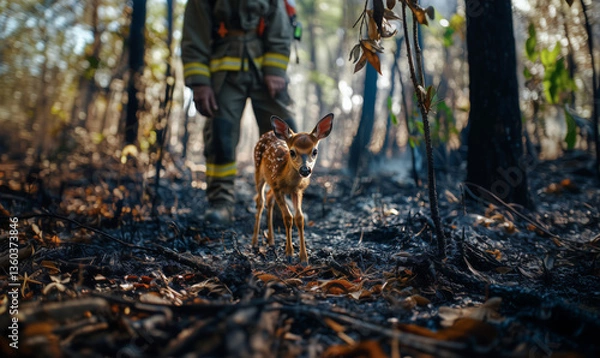 Fototapeta Young fawn with thin legs steps carefully on burned forest floor. Firefighter stands nearby among charred trees and fallen leaves.