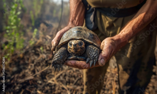 Fototapeta Dirty hands holding rescued tortoise in scorched forest, dry soil, charred shell, close-up of wild reptile after wildfire damage