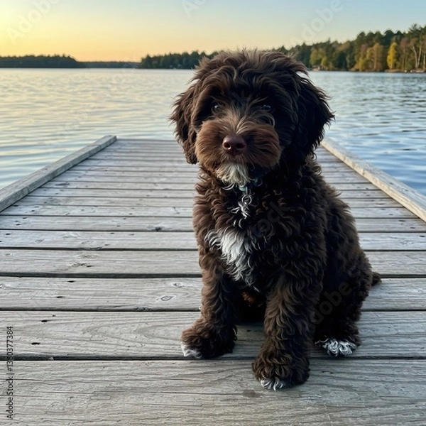 Fototapeta Portuguese water dog, curly fur puppy, dockside dog, cute puppy portrait, water dog on pier, lakeside pet photo, fluffy brown puppy, curly dog fur, dock with dog, adorable pet, fluffy dog close-up, se