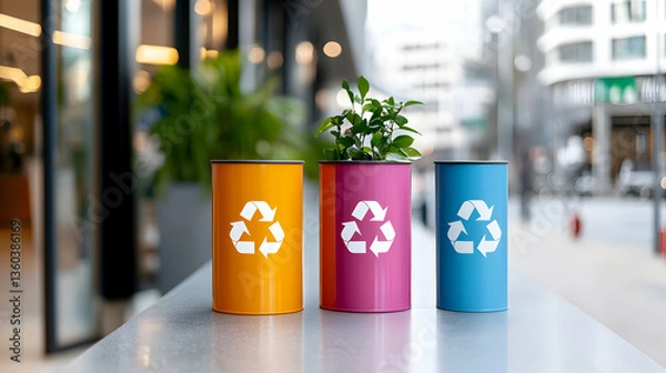 Fototapeta Three Colorful Recycling Bins with a Small Plant