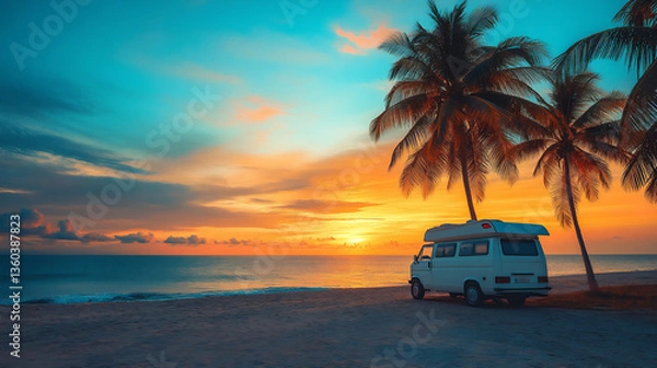 Fototapeta a white van with a pop-up tent parked on a sandy beach overlooking a calm