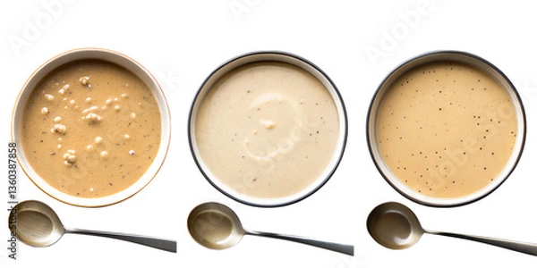 Fototapeta Three varieties of creamy soups in bowls with spoons, isolated on white background