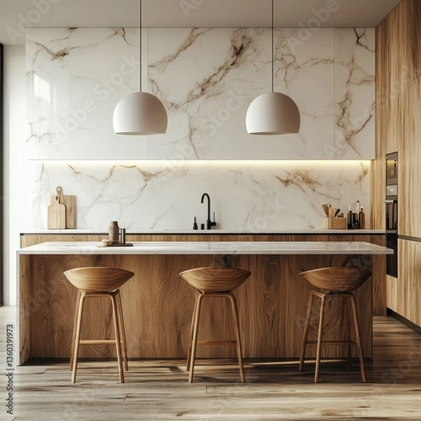 Obraz Modern kitchen featuring elegant marble countertops and stylish fixtures for a contemporary culinary experience