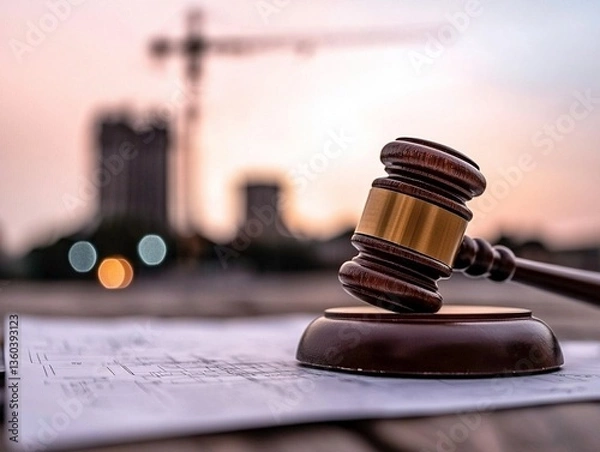 Fototapeta Gavel on blueprints, construction background