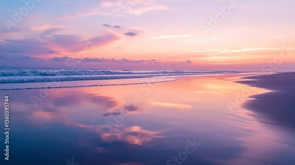 Obraz Create an image of a peaceful beach at sunrise, with the sky painted in soft pastel hues of pink, purple, and orange. 