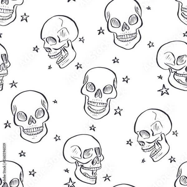 Fototapeta Seamless pattern with monochrome black and white hand drawn inky skulls with stars. Skeleton heads repeat background.