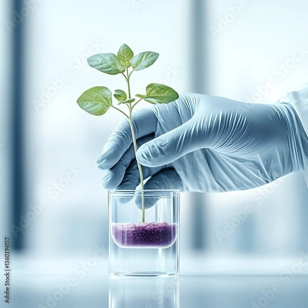 Fototapeta Scientist's Hand Planting Seedling in Lab.