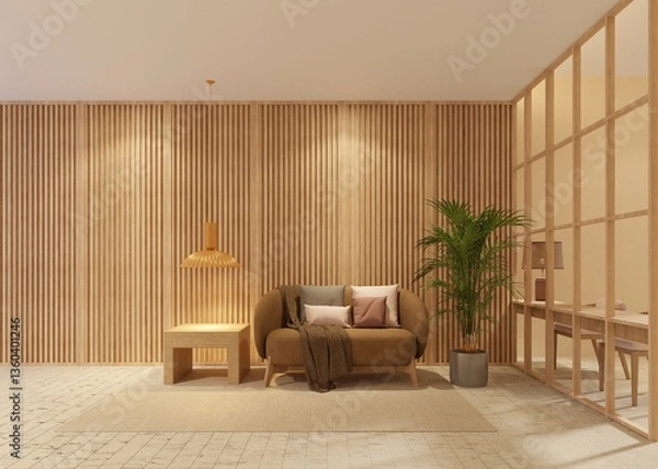 Fototapeta Minimalist living room in brown tones with bare wooden walls, partitions, a work room, and a brown sofa and wooden table.3d render