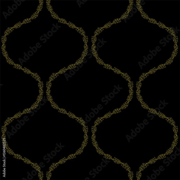 Fototapeta Seamless pattern with golden floral ogee geometrical motifs on a black background. Minimalist classic abstract repeat wallpaper.
