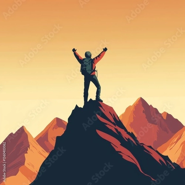 Fototapeta A hiker standing triumphantly on a mountain peak, arms raised 