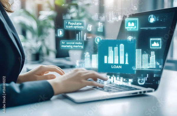 Fototapeta Digital Loan Application: A professional uses a laptop, with financial and real estate data overlaid, symbolizing digital loan applications