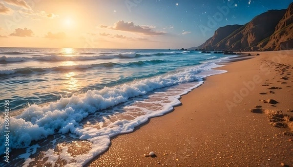 Fototapeta "Golden Sunset Over a Serene Beach with Gentle Waves"
