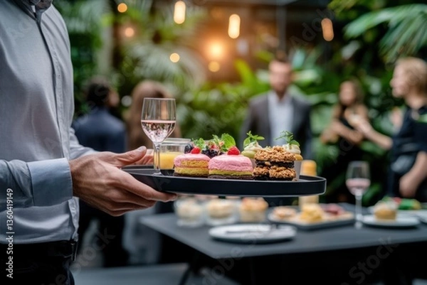Fototapeta Elegant dessert presentation at a modern event in a lush garden setting during an evening gathering