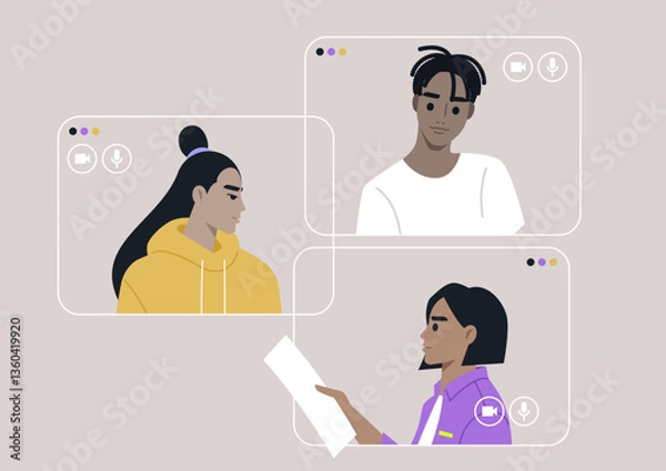 Fototapeta Three distinct window frames showcase participants in a virtual gathering, each engaged in thoughtful discussion and interaction, fostering a sense of community online