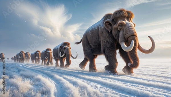 Fototapeta Herd of woolly mammoths walks across a snowy plain with tall grass during the Pleistocene Epoch, showcasing their immense size and thick fur