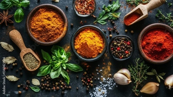 Obraz A flat lay of various spices and herbs, emphasizing culinary diversity. 