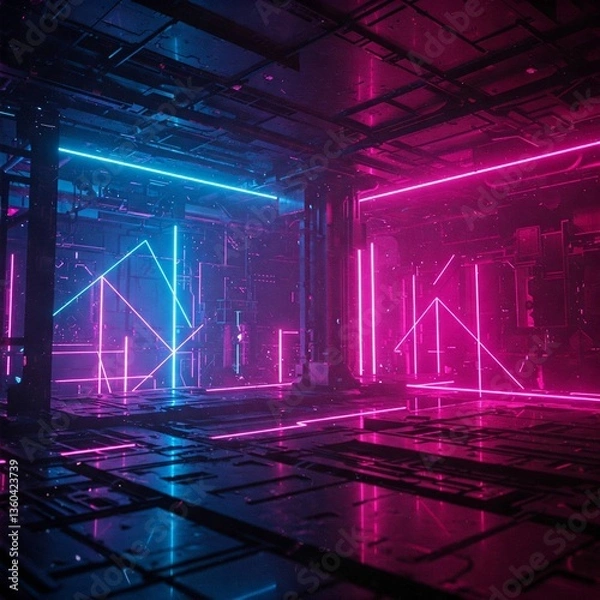 Fototapeta Corporate 3D Render, Futuristic Digital Grid, Sleek Neon Tech, Abstract Business Flow, Cyber UI, Innovation System