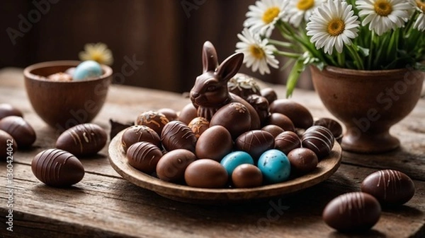 Fototapeta Un lapin et des oeufs en chocolat dans un plat en bois.