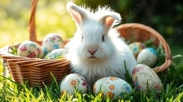 Fototapeta Lapin avec des oeufs de Pâques décorés avec des fleurs dessus