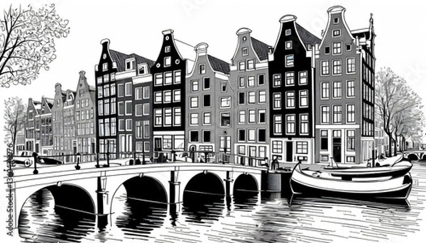 Fototapeta Sketch of Amsterdam in black and white.