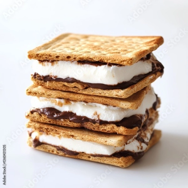 Fototapeta Four layers of buttery s'mores crafted with graham crackers, rich chocolate, and fluffy marshmallow create a tempting treat ideal for any sweet craving or gathering