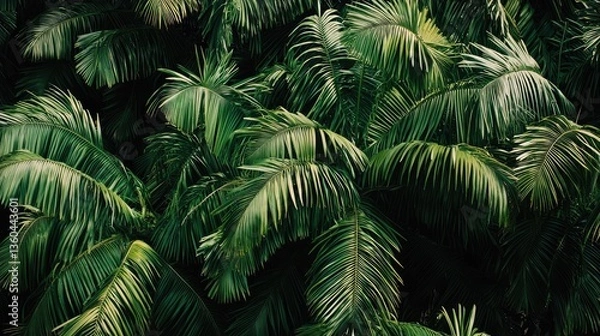 Fototapeta Lush tropical palm leaves, dense foliage, nature background, nature backdrop, ideal for presentations