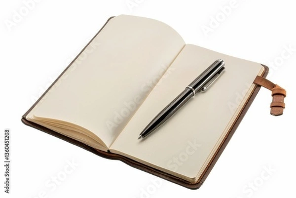 Fototapeta Open notebook with a black pen resting on blank pages, ready for writing, on a white background