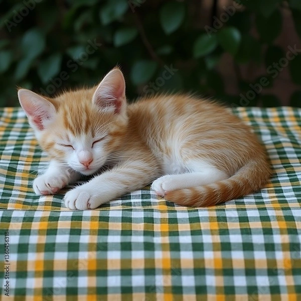 Fototapeta Sleepy Kitten on Checkered Cloth.