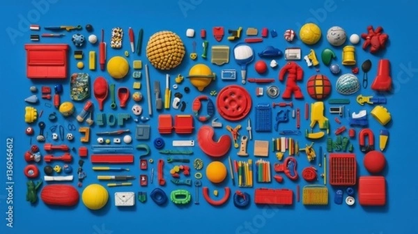 Fototapeta Colorful school supplies arranged on a blue background, creating a vibrant and organized back-to-school themed layout.