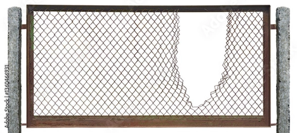 Fototapeta Torn rusty chain link fence texture background horizontal isolated broken old aged rusted iron frame closeup perimeter security hole concept grungy damaged stained textured vintage concrete pole posts