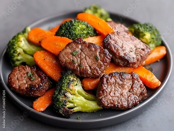 Fototapeta Seared Beef with Carrots, and Broccoli.