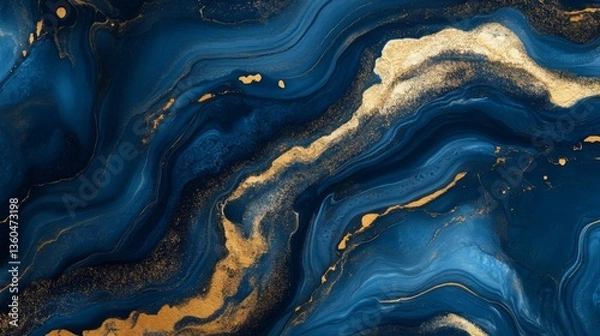 Fototapeta Deep blue and gold marble pattern with fluid swirls and textured accents