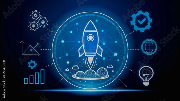 Obraz A powerful rocket launching into a bright digital future, symbolizing innovation, growth, and global success with a glowing blue and white design.