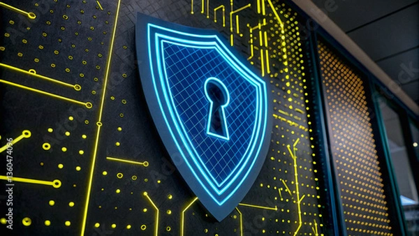 Obraz A glowing blue shield with a keyhole, symbolizing impenetrable digital security, stands against a backdrop of vibrant circuit lines, ensuring online safety.