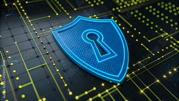 Fototapeta A glowing blue shield with a keyhole, representing robust digital security and data protection on a circuit board background.