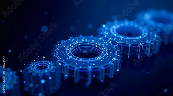 Obraz Interlocking gears of progress, a mesmerizing digital dance in vibrant sapphire hues and sparkling detail.