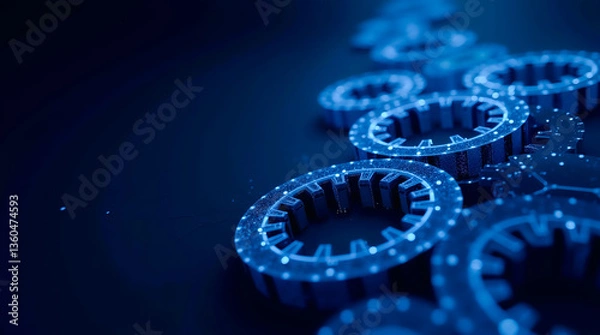 Obraz A mesmerizing dance of interconnected gears, symbolizing the intricate workings of a complex system, rendered in deep blue hues with sparkling nodes.