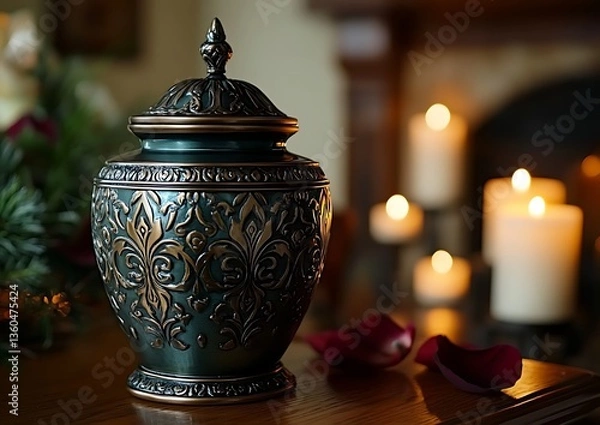 Obraz Teal Urn with Candles, and Remembrance.