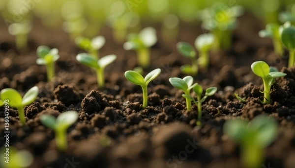 Fototapeta Fresh Green Seedlings Growing in Rich Dark Soil Under Soft Light