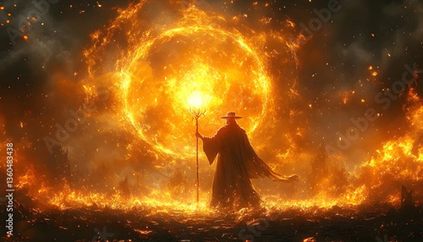Obraz A robed figure, back to viewer, holds a staff before a massive fiery orb.  Surrounding landscape is consumed by flames