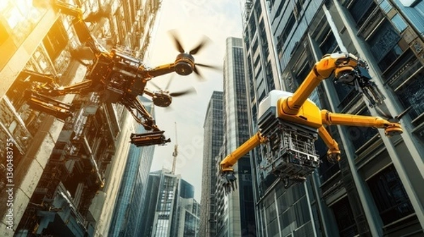 Fototapeta Futuristic Drones Soaring Through a Metropolis