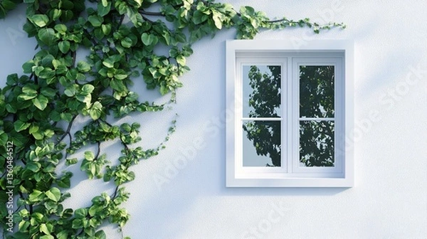 Obraz A white wall with a window framed in white, covered with green vine plants, natural lighting, realistic style