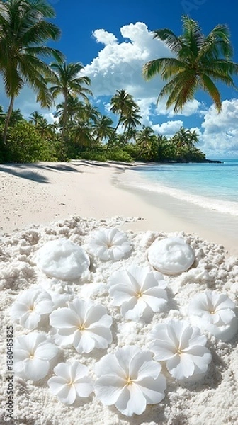 Obraz Tropical Beach with White Flowers, and Sand.