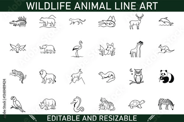 Fototapeta Editable Wildlife Animal Line Art Illustrations, Designs, Vector, Graphics, Printable, Scalable, Dow