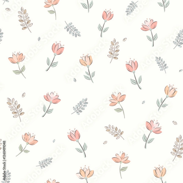 Obraz Vector illustration. Seamless pattern of pastel pink flowers on a light background. Delicate floral pattern, field of flowers, print for fabric, textile, wallpaper, baby clothes