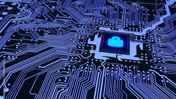 Fototapeta Zbliżenie niebieski obwód drukowany podłączony do procesora z kłódką