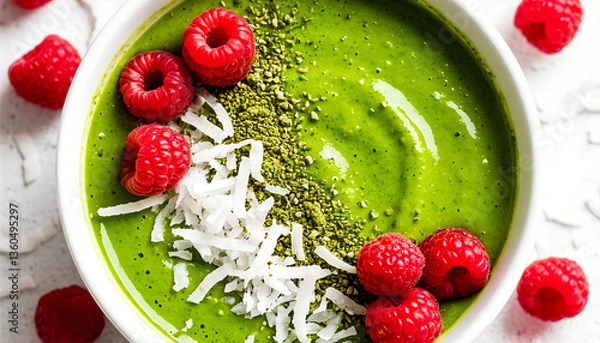 Fototapeta Vibrant Green Smoothie Bowl with Raspberries and Coconut