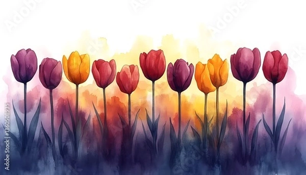 Obraz Watercolor Tulips Sunset Row.